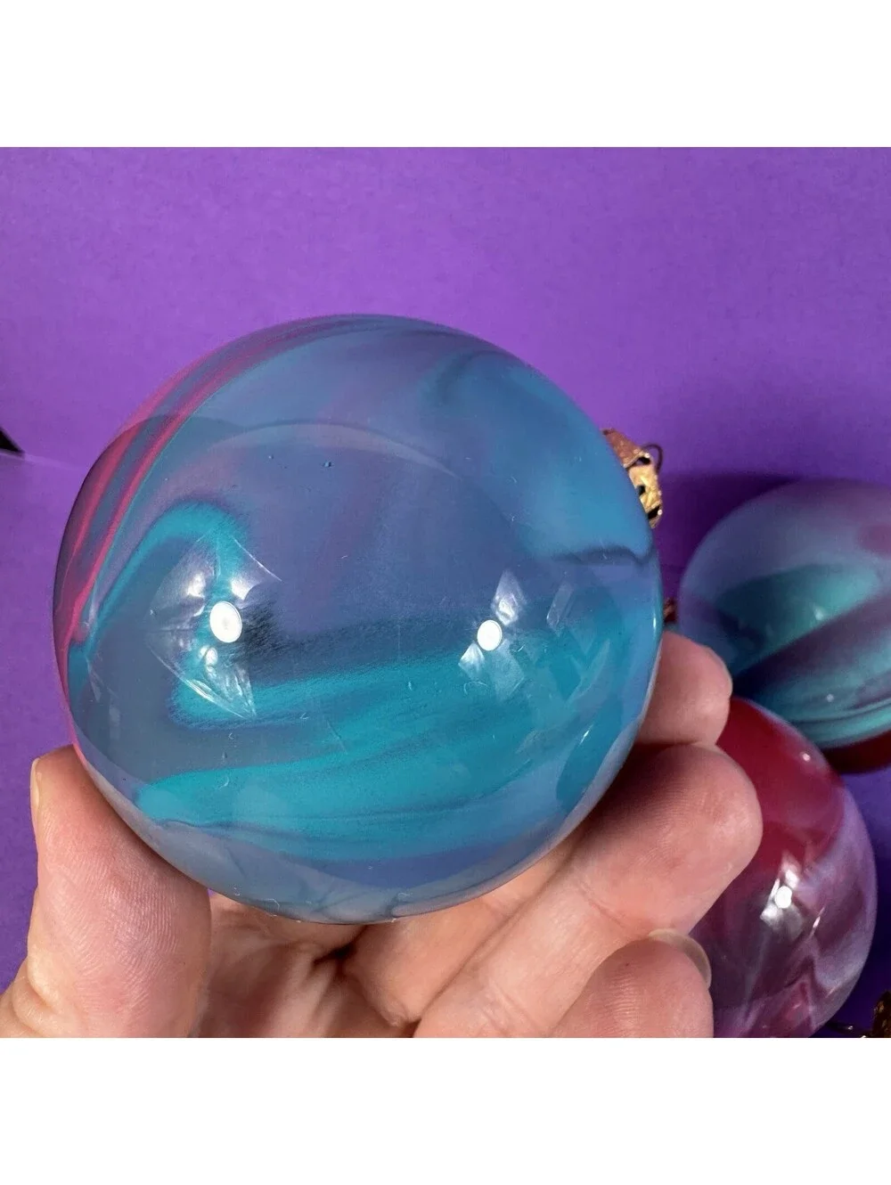 4 Vintage Glass Christmas Ornaments Swirl Marbled Red Blue Teal Handpainted 1990